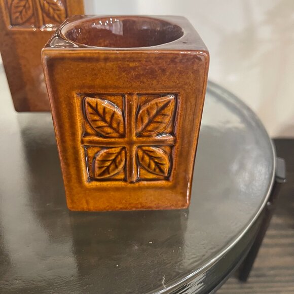 Brown Ceramic Staggered Column Candleholders with Leaf Design (Set of 3) - Picture 5 of 8